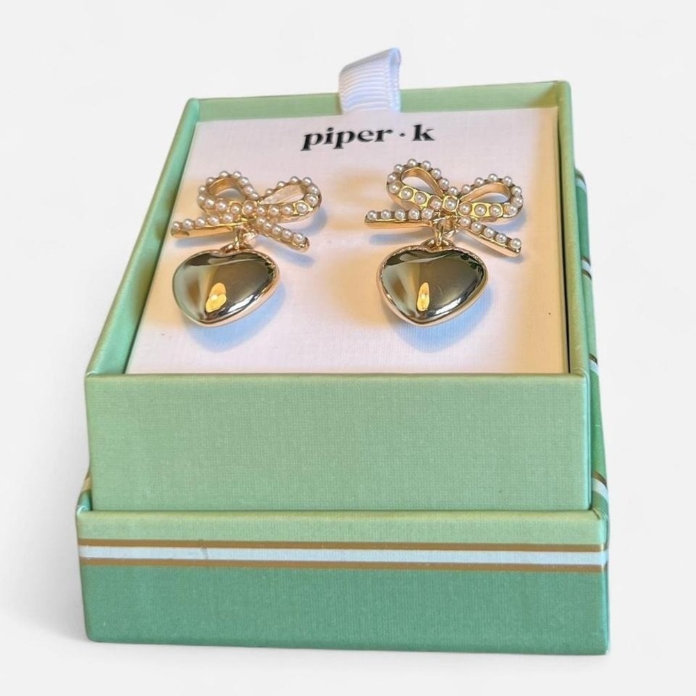 Piper K. faux pearl gold tone bow and‎ heart dangle earrings